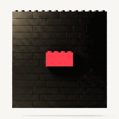 A black brick wall filled in solid with no opening left, one red brick sealed into its face.