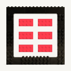 Six red bricks inside one black frame, laid in a rigid grid, every one at the same angle as the others.